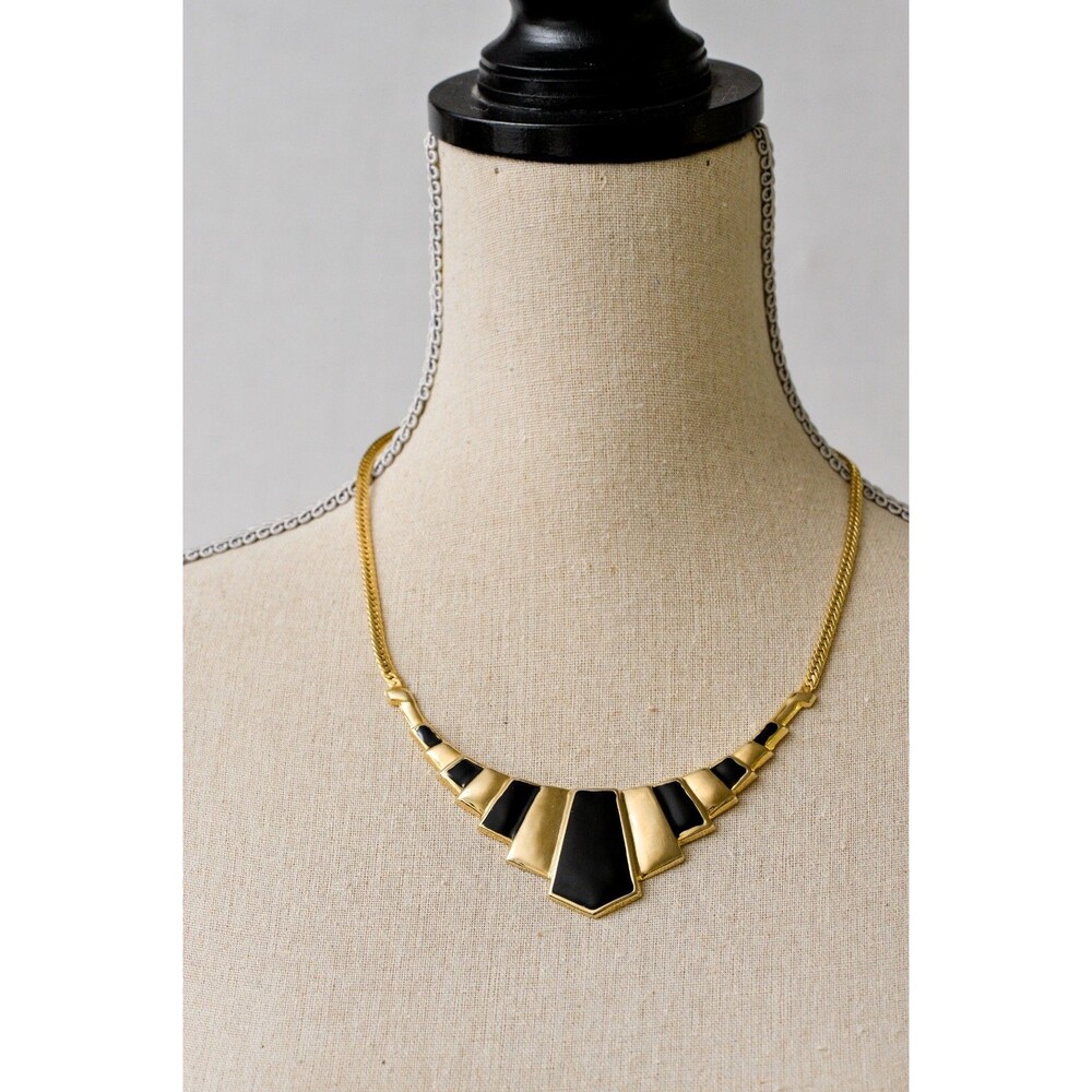 Vintage Parklane Choker Necklace Black & Gold Enamal v style statement bib